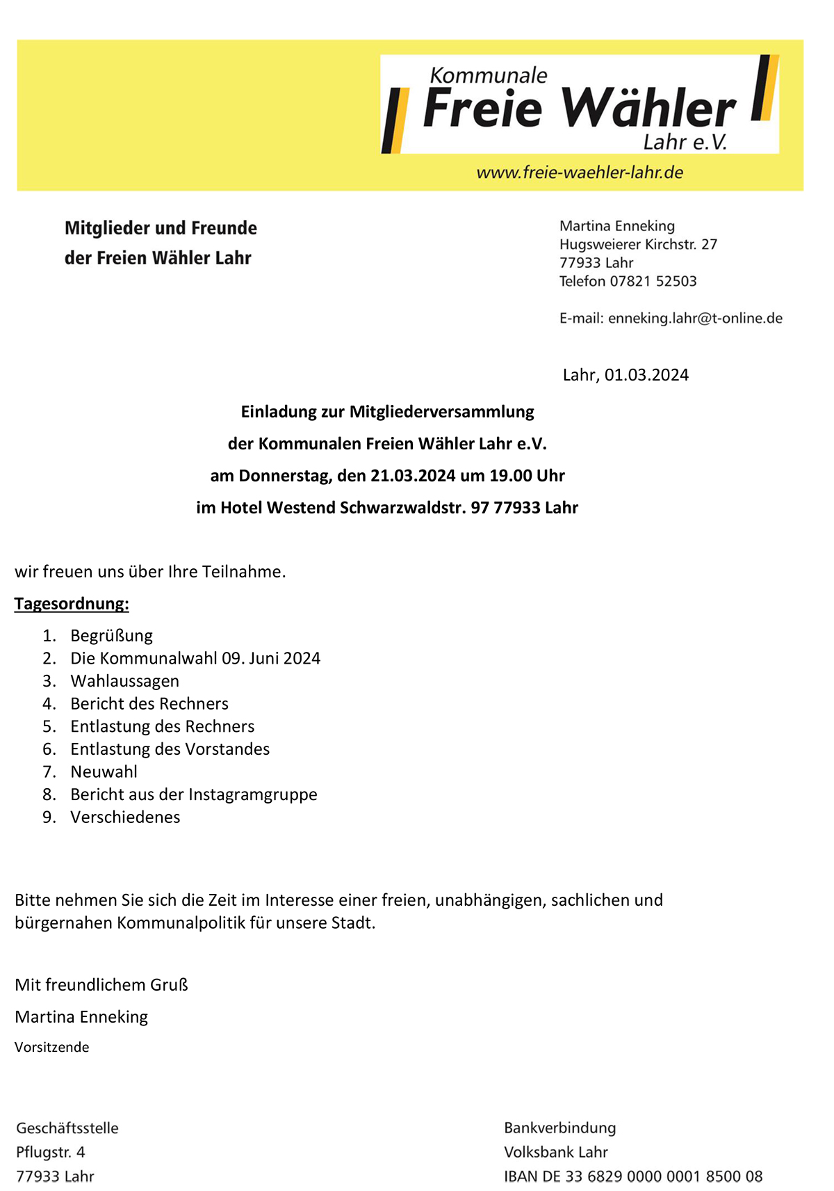 Weihnachtsbrief der Freien Wähler Lahr